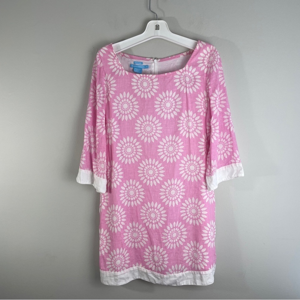ISLAND COMPANY Women’s 100% Linen Pink White Floral Shift "Chica Dress" …
